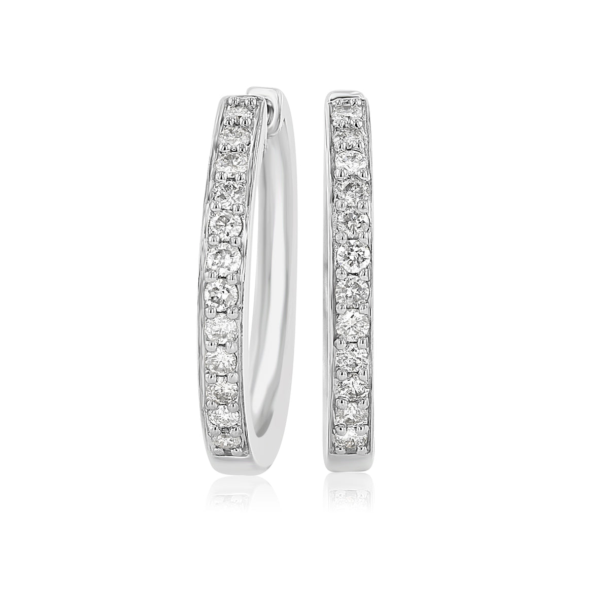 14K White Gold Diamond Huggie Hoops | XE1106AA: a pair of 14k white gold huggie hoop earrings encrusted with pavé diamonds.