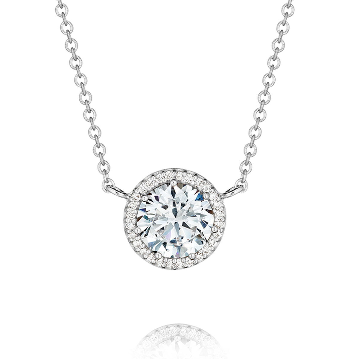 Tacori Dantela Fashion Necklace FP67065 featuring a round-cut diamond framed by a halo of small pavé stones on a delicate 18k white gold chain.