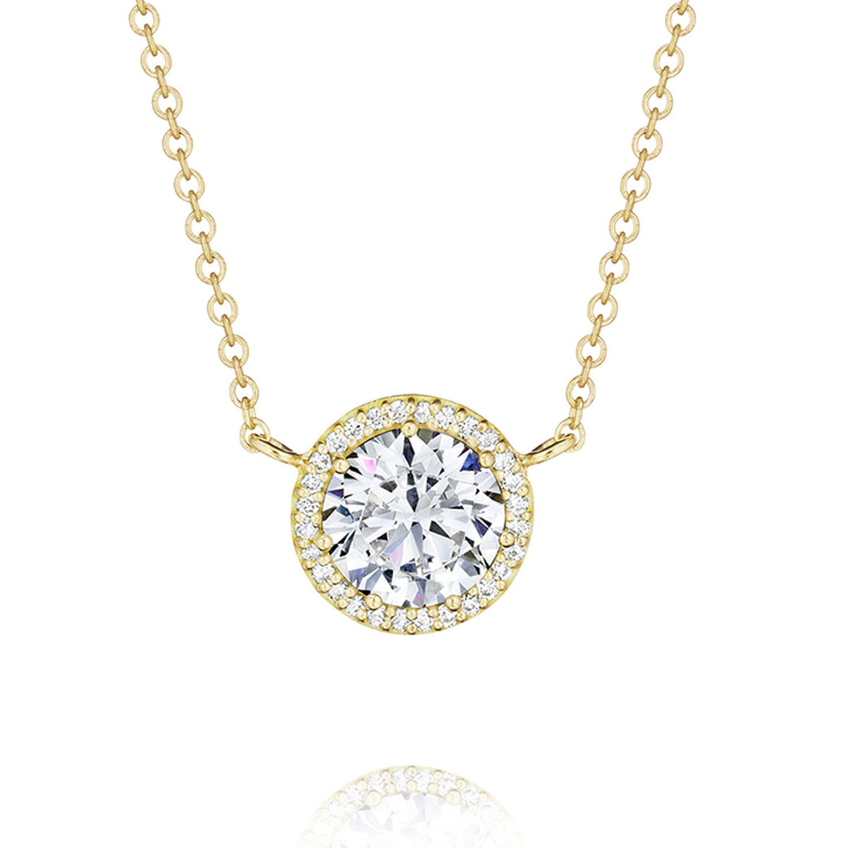 Tacori Diamond Bloom Moissanite Fashion Necklace FP6707Y in yellow gold, featuring a round center stone surrounded by a halo of small pavé-set diamonds.