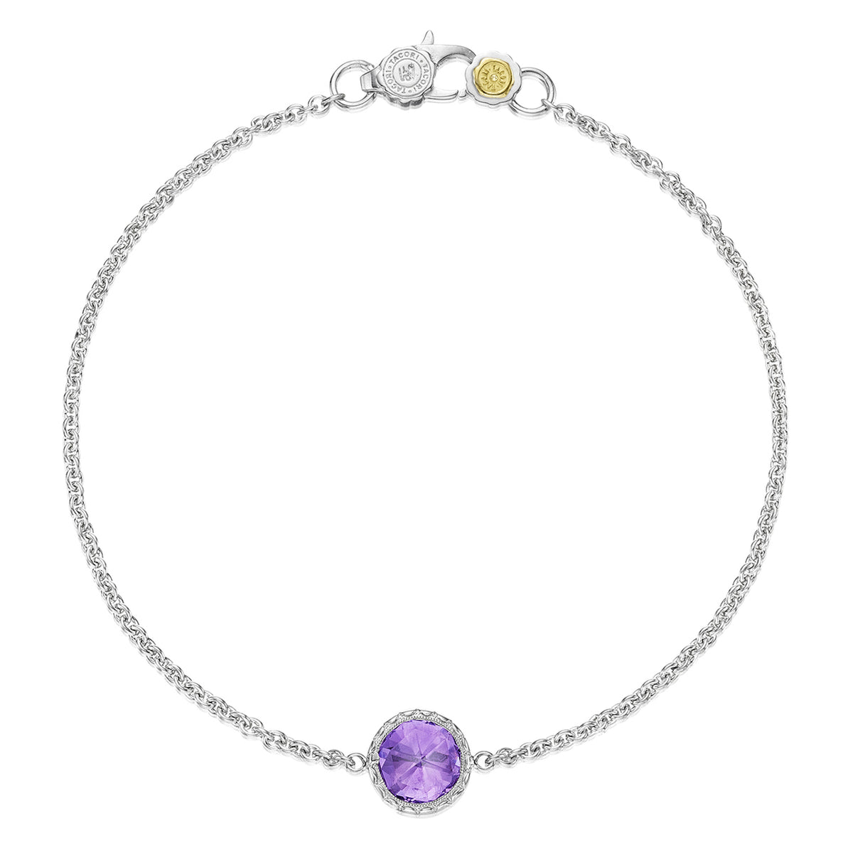 Tacori Crescent Embrace Petite Amethyst Fashion Bracelet SB16701, a silver chain bracelet featuring a round amethyst gemstone in an 18k yellow gold textured setting with milgrain details and a lobster clasp closure.