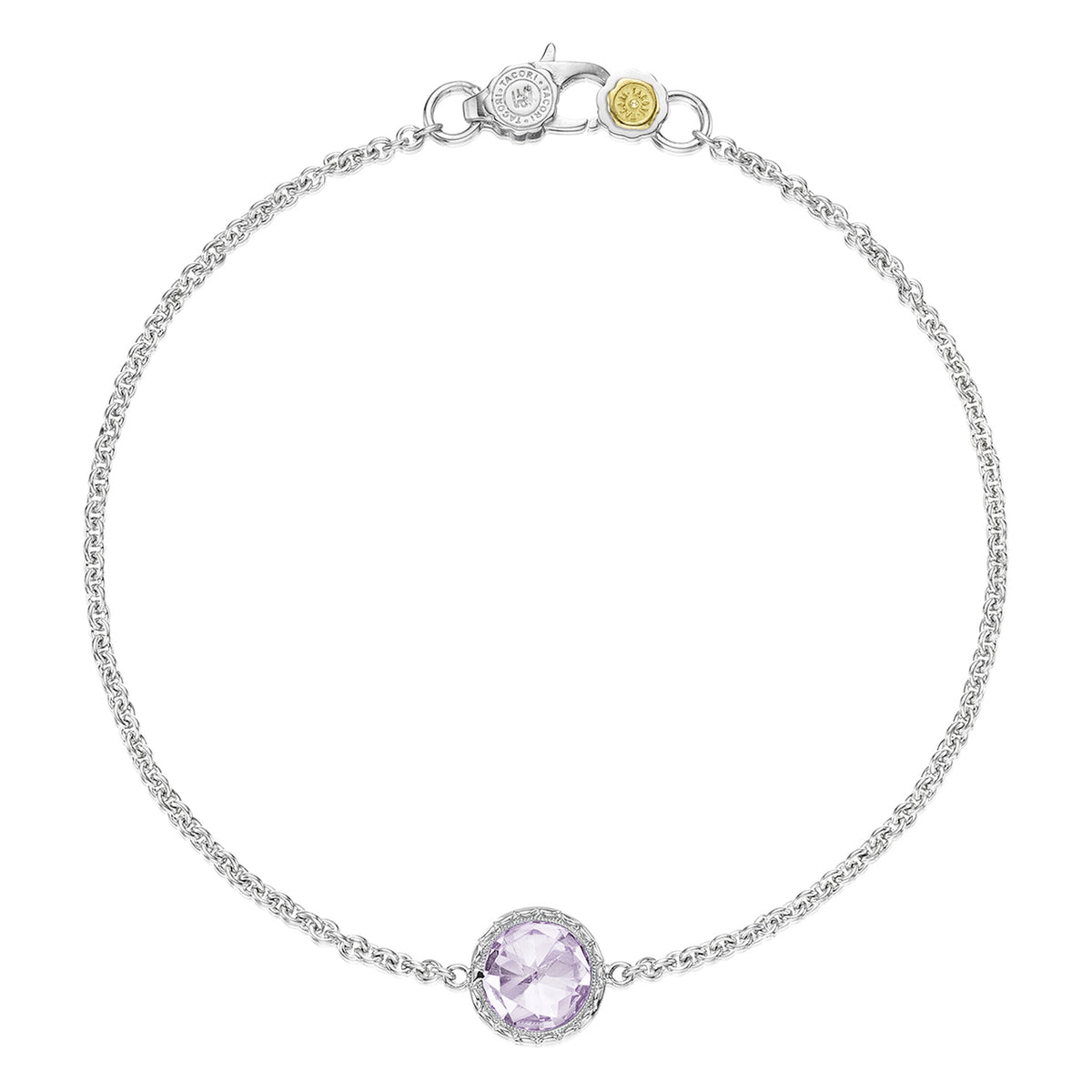 Tacori Crescent Embrace Petite Rose Amethyst Fashion Bracelet | SB16713 featuring a silver chain, a round faceted purple rose amethyst with a textured metal border, and a lobster clasp.