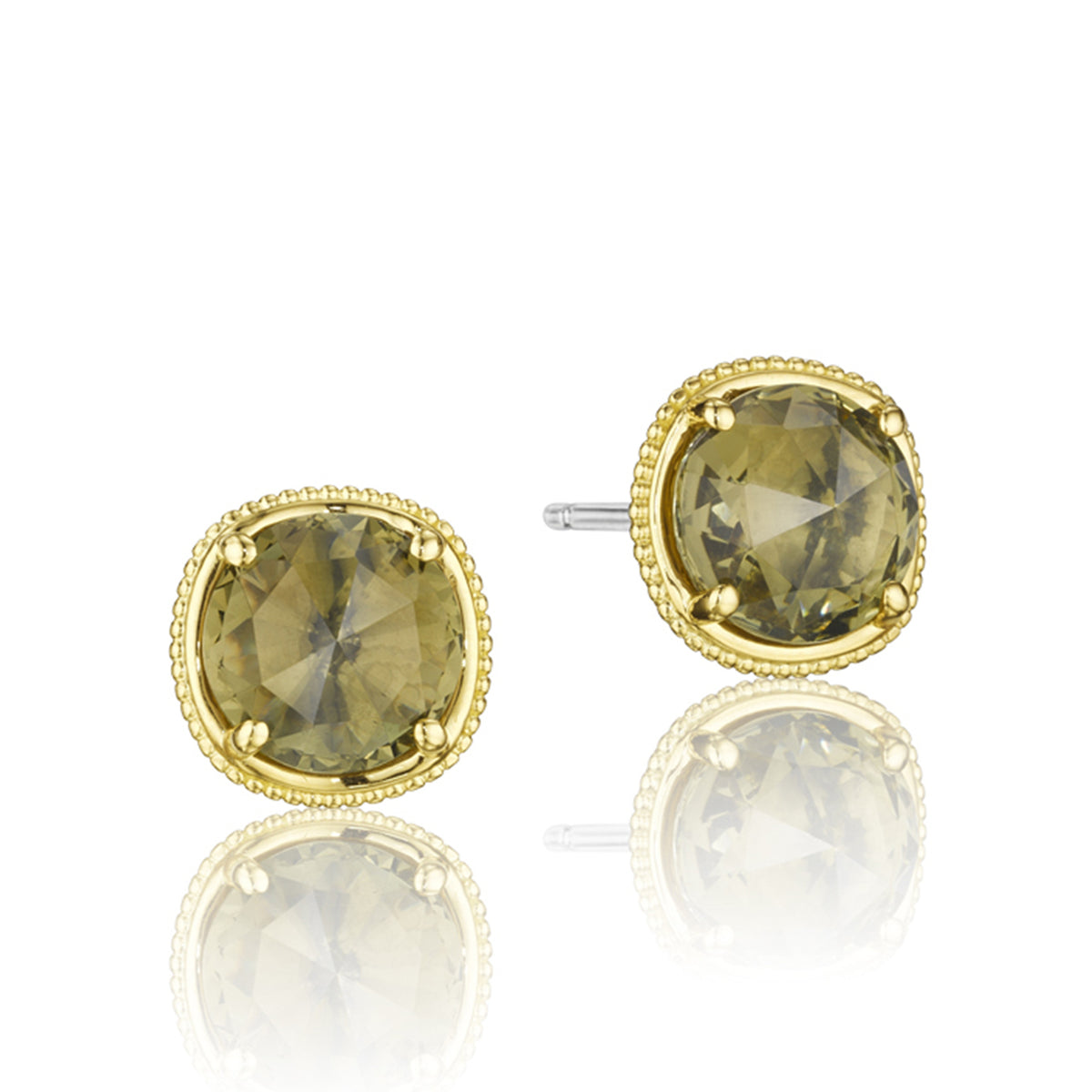 Gemma Bloom Olive Quartz Fashion Earrings SE154Y10 featuring round olive quartz studs in a beaded 18k yellow gold setting.