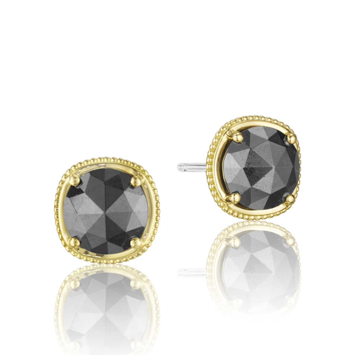 Crescent Embrace Hematite Fashion Earrings SE154Y32 featuring round hematite gemstone studs framed by a beaded 18k yellow gold border.