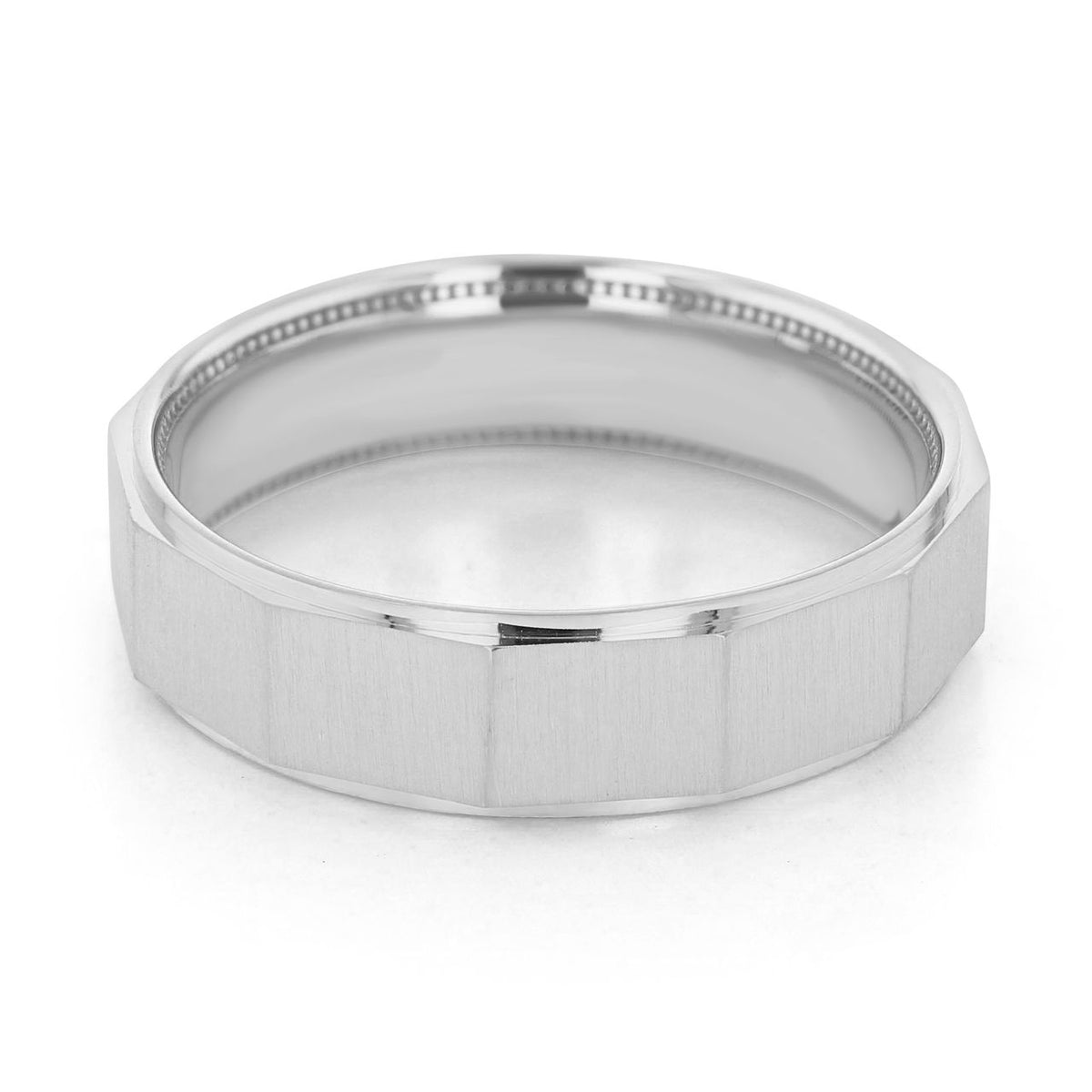 Tacori | Geometric Satin Wedding Band - 147-6S platinum band with a faceted geometric exterior and a beaded inner edge.
