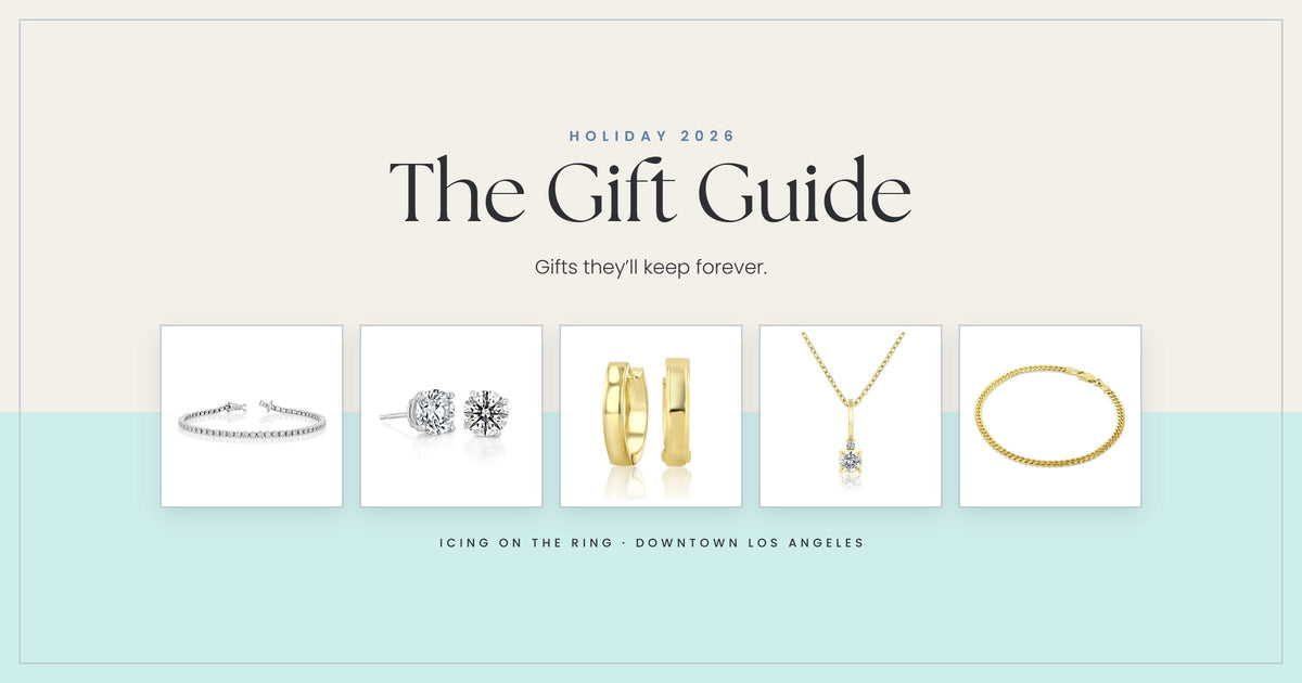 Icing On The Ring 2026 Holiday Gift Guide: diamond tennis bracelet, lab diamond studs, gold huggies, solitaire pendant and Cuban bracelet