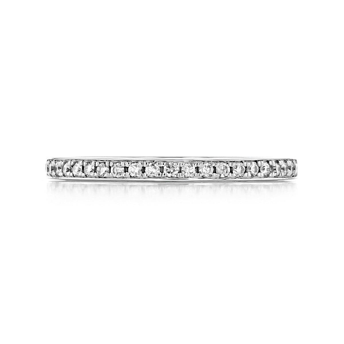 A thin, silver-toned Sierrah 1.90mm Pavé-Set Diamond Wedding Band with a continuous row of small, round diamonds that provides an elegant sparkle.