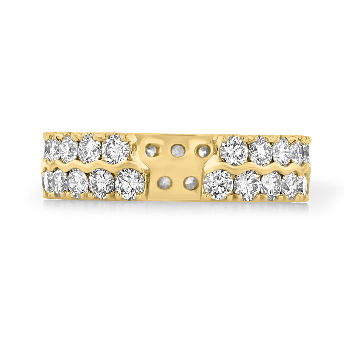 Gemma | Double Pavé-Set Diamond Wedding Band in yellow gold, featuring two rows of pavé-set round diamonds with a plain, notched center section.