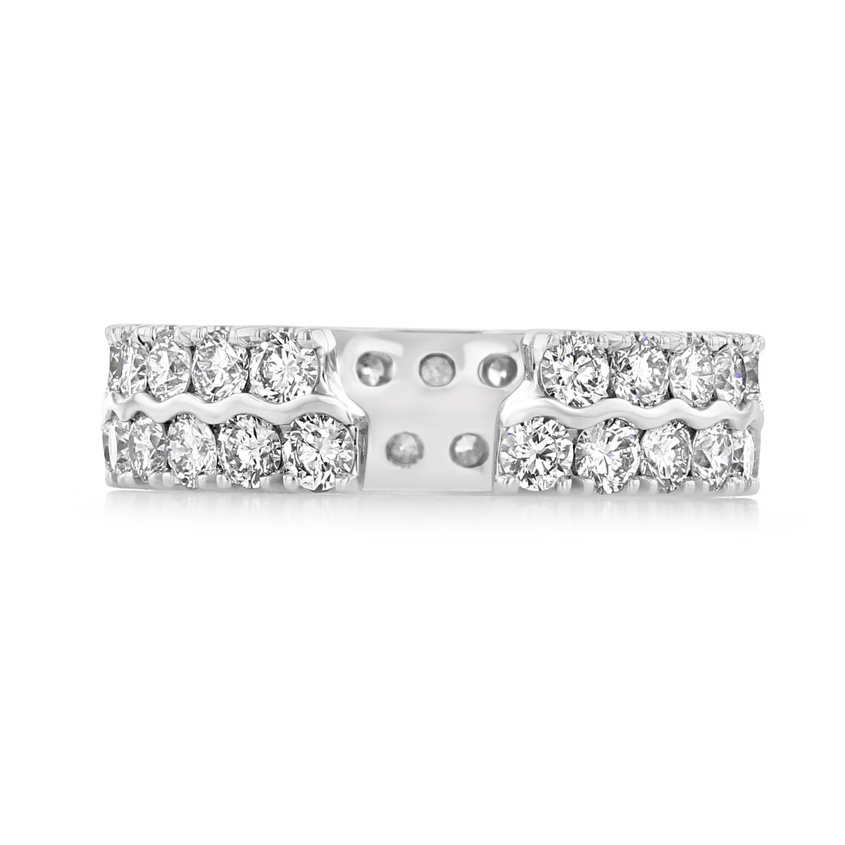 Gemma | Double Pavé-Set Diamond Wedding Band in silver-tone, featuring double rows of pavé-set round diamonds flanking a flat, unadorned center section.
