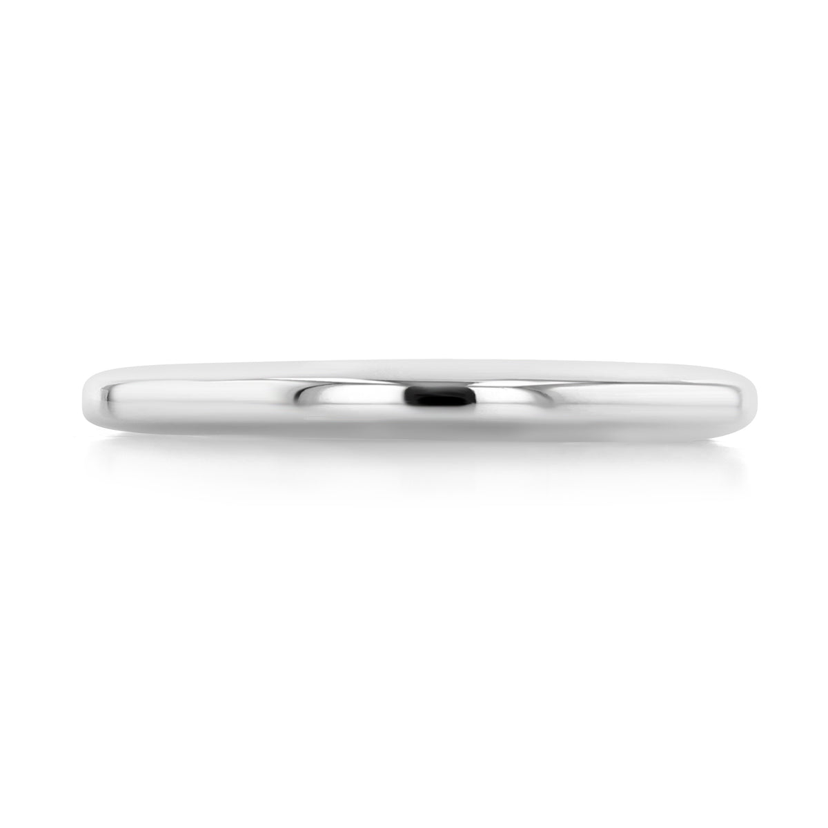 A side view of a Carmel | 2.5mm High Dome Polished Wedding Band by Icing On The Ring, featuring a polished, high-dome platinum finish.