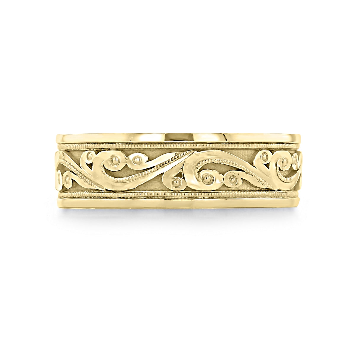 Gold Tacori Sculpted Crescent | Wedding Band - 104-7Y with an embossed, scrolling vine pattern bordered by beaded edges.