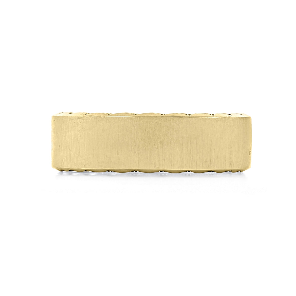 Wide yellow gold Sculpted Crescent | Wedding Band - 105-7YS featuring a satin finish and a sculpted crescent edge pattern.