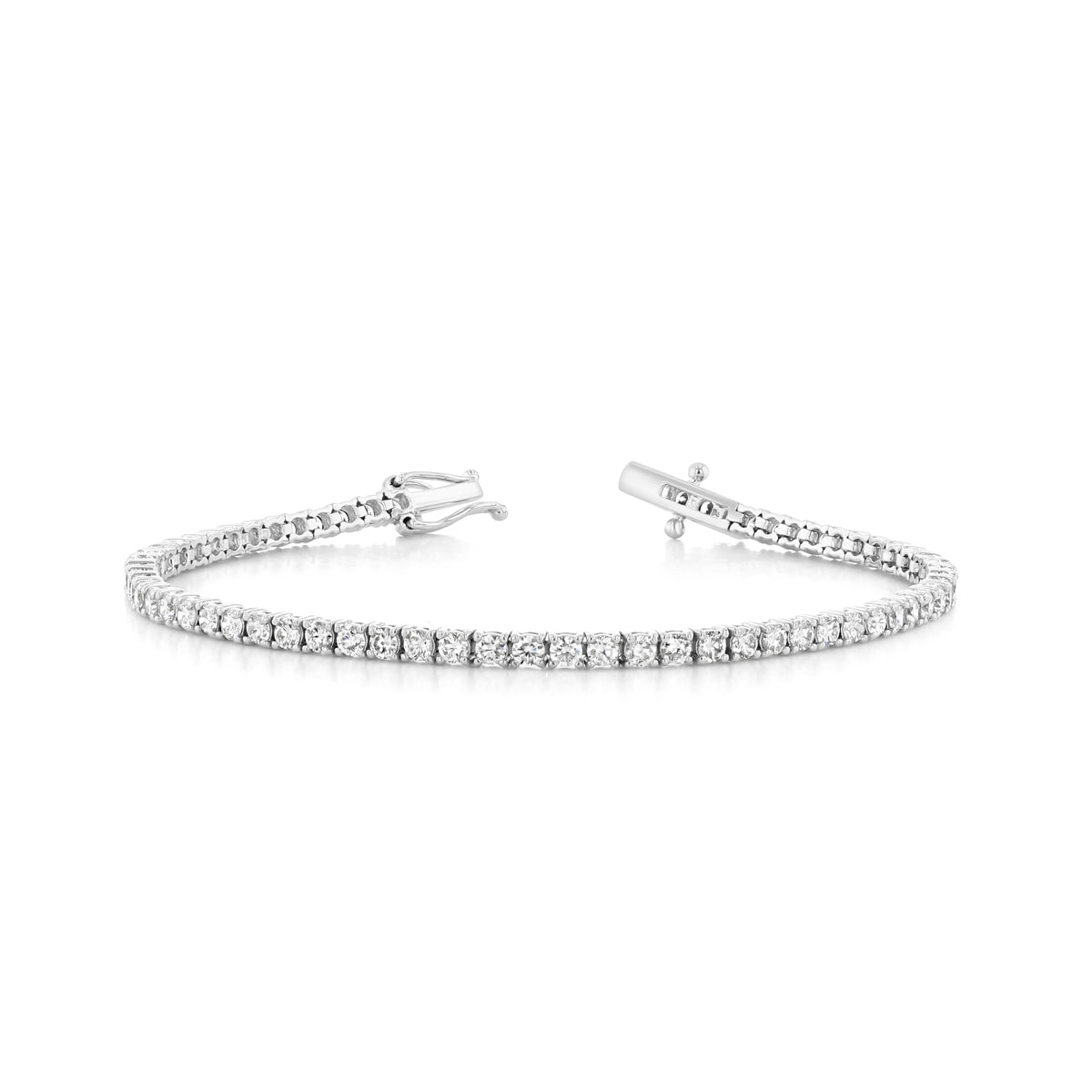 A metallic 3.43 ctw Lab Diamond Tennis Bracelet | 107401 of pure elegance set with a continuous row of sparkling round-cut stones, shown with the clasp open.