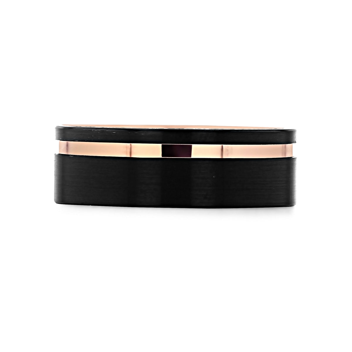 Triton Black Tungsten Carbide 8mm Men’s Rose Gold Stripe Wedding Band | 11-6059R, a modern black tungsten carbide ring featuring a thin rose gold horizontal stripe centered within an asymmetric groove.