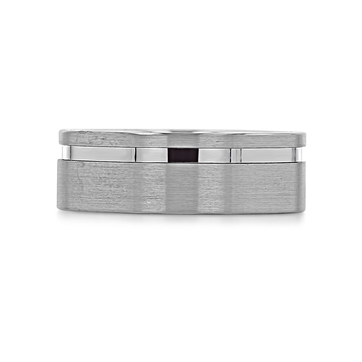 Triton 8mm Men’s Brushed Wedding Band 11-6059, a wide tungsten carbide ring featuring a brushed finish and a polished center groove.