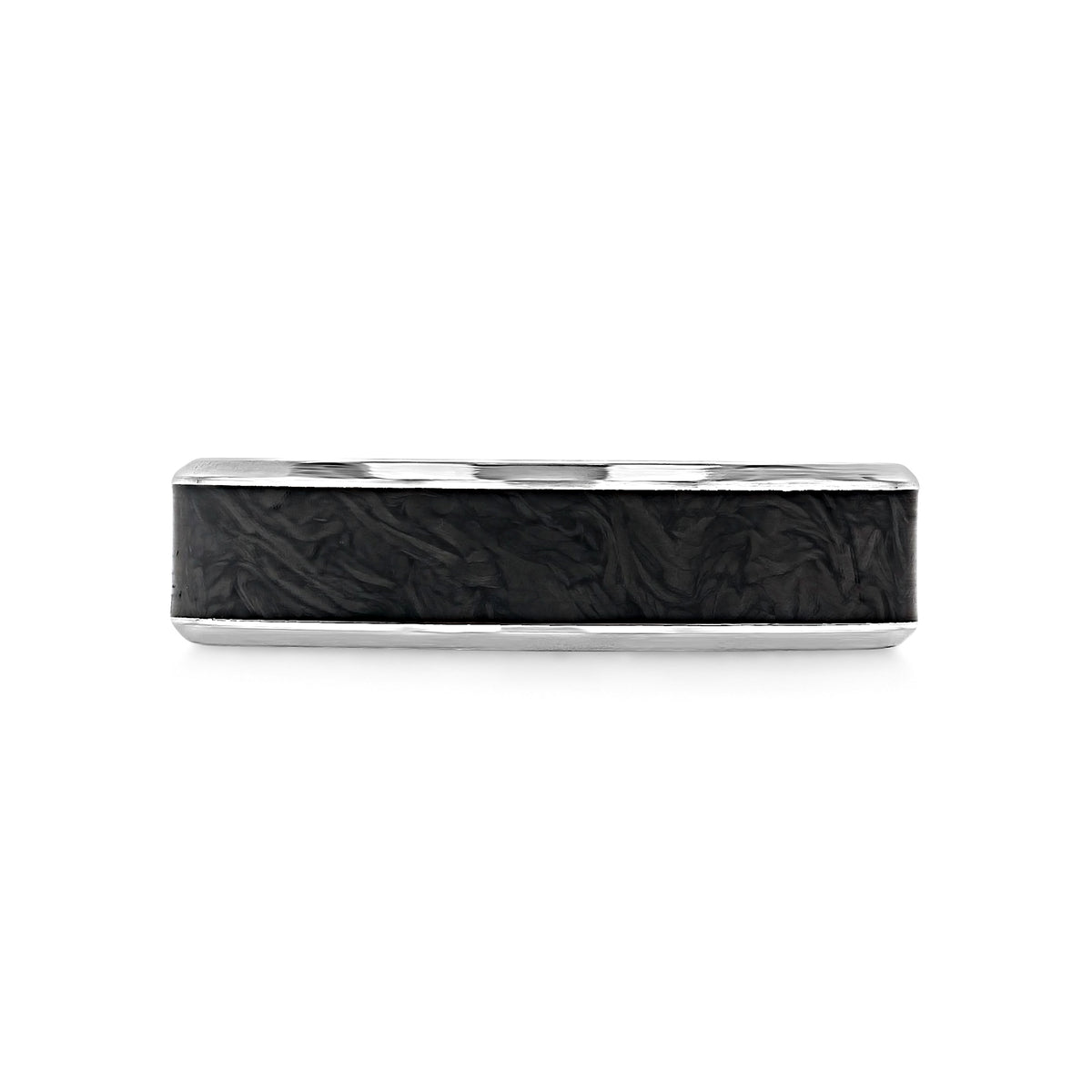 Triton Tungsten Carbide 6mm Men’s Carbon Fiber and White Gold Wedding Band 11-6177WF6 featuring a black carbon fiber inlay between silver-toned 14k white gold edges.
