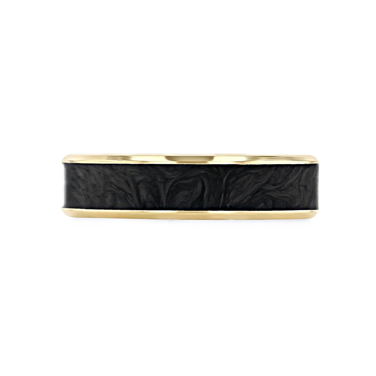 Triton Tungsten Carbide 6mm Men’s Carbon Fiber and Yellow Gold Wedding Band 11-6177YF6 featuring a textured black center inlay flanked by 14k yellow gold edges.