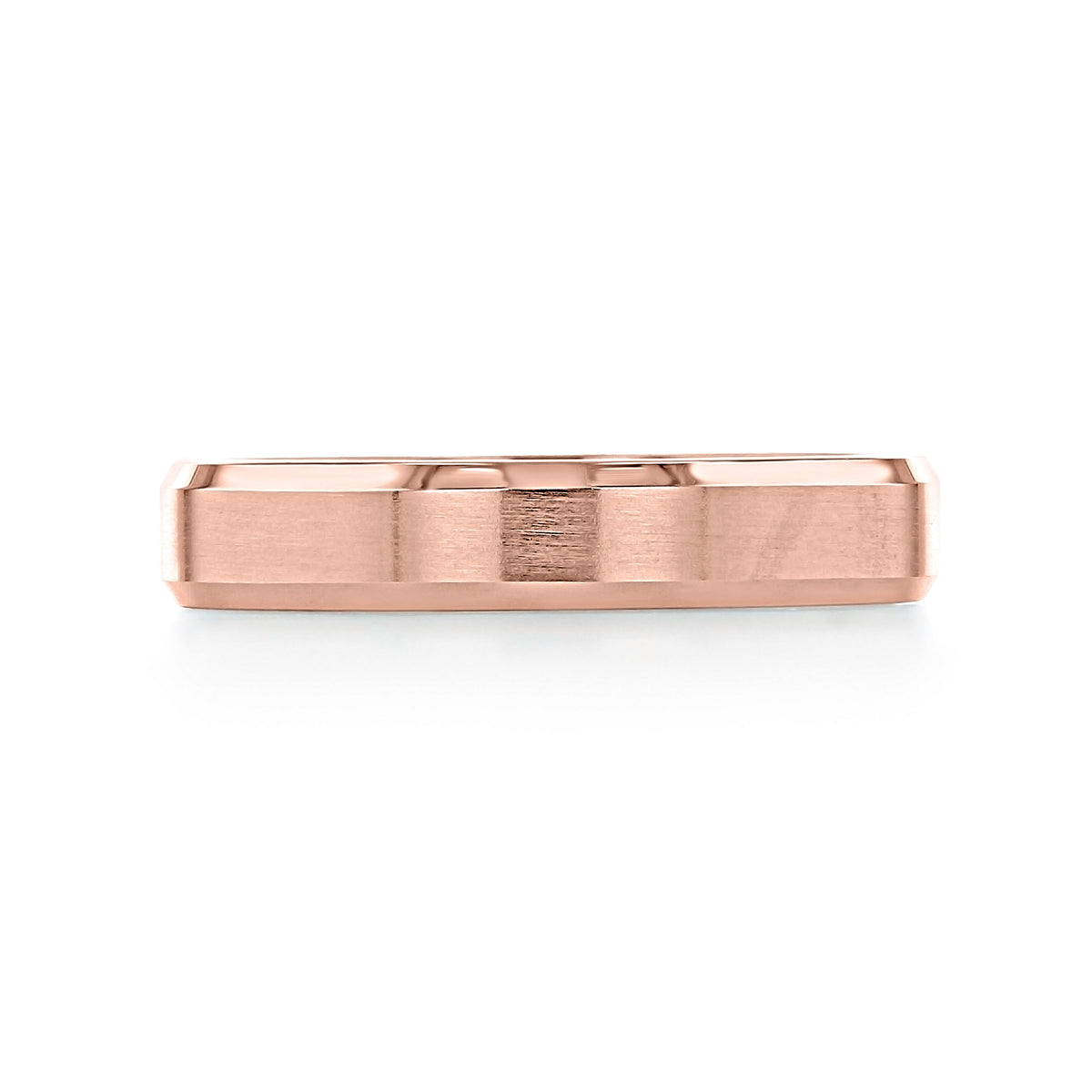 Beveled Wedding Band 11-8850R: a brushed and polished rose gold men’s wedding band with flat, beveled edges.