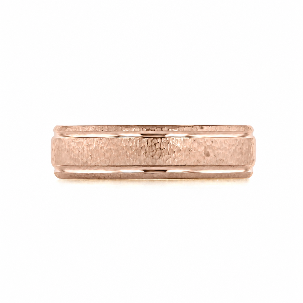 Hammered Wedding Band 11-8856 in rose gold with a hammered finish and beveled edges.