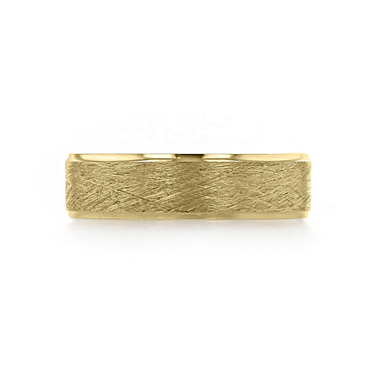 Brushed Wedding Band 11-8871R, a yellow gold men’s wedding band featuring a textured, brushed center.