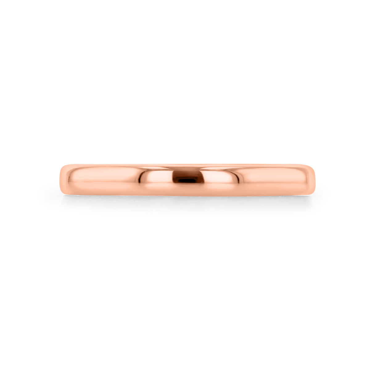 A thin, smooth rose gold Clarita | 2mm Low Dome Polished Wedding Band with a classic low dome profile.