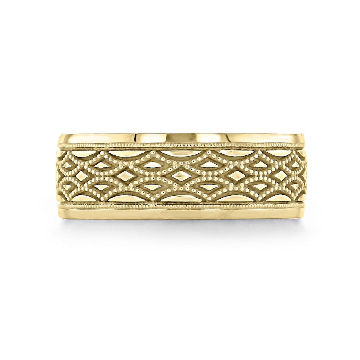 Yellow gold Tacori Sculpted Crescent | Wedding Band - 116-8Y featuring a repeating pattern of milgrain details, beaded, crescent-shaped, and diamond-shaped cutouts.