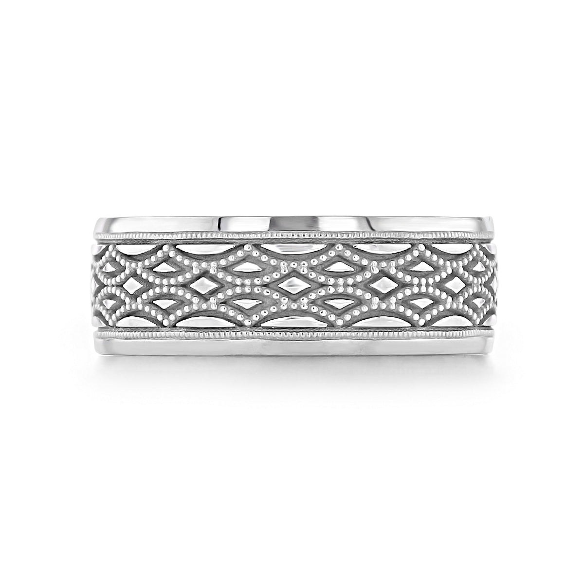 A silver Tacori Sculpted Crescent | Wedding Band - 116-8 featuring a central row of intricate, milgrain-detailed, diamond-shaped lattice work between two smooth edges.