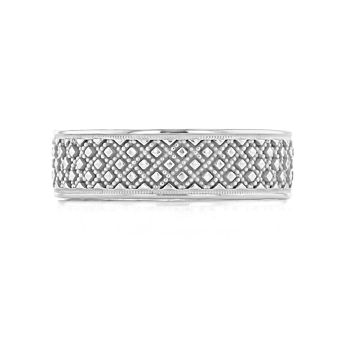 Sculpted Crescent | Wedding Band - 118-7W silver gentleman’s band featuring an engraved repeating pattern of diamond shapes and beaded borders.