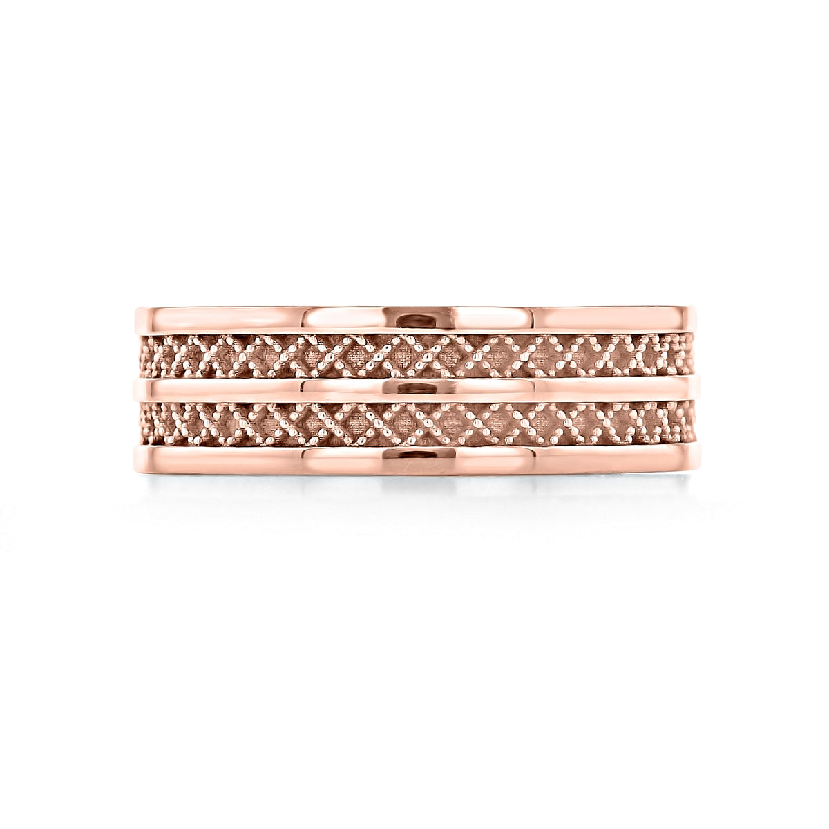 7mm rose gold Sculpted Crescent | Wedding Band - 121-7R featuring two horizontal rows of repeating, diamond-shaped lattice patterns bordered by smooth milgrain edges.