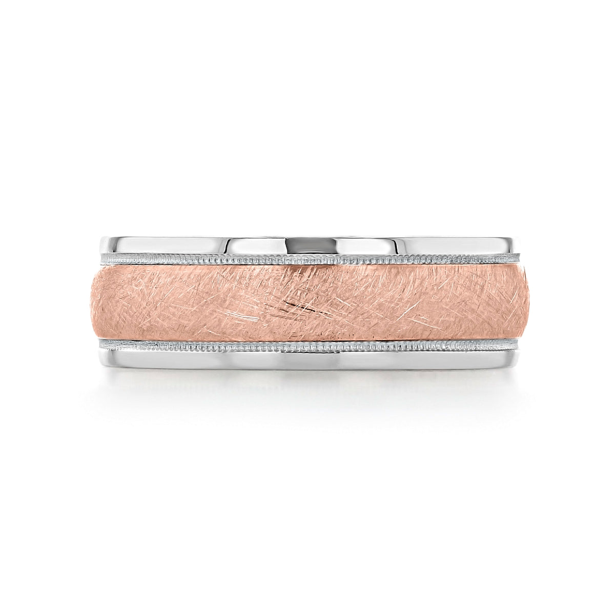 Tacori Sculpted Crescent Wedding Band 130-7WRB featuring a two-tone design with a brushed rose gold center strip, silver-toned edges, and milgrain details.