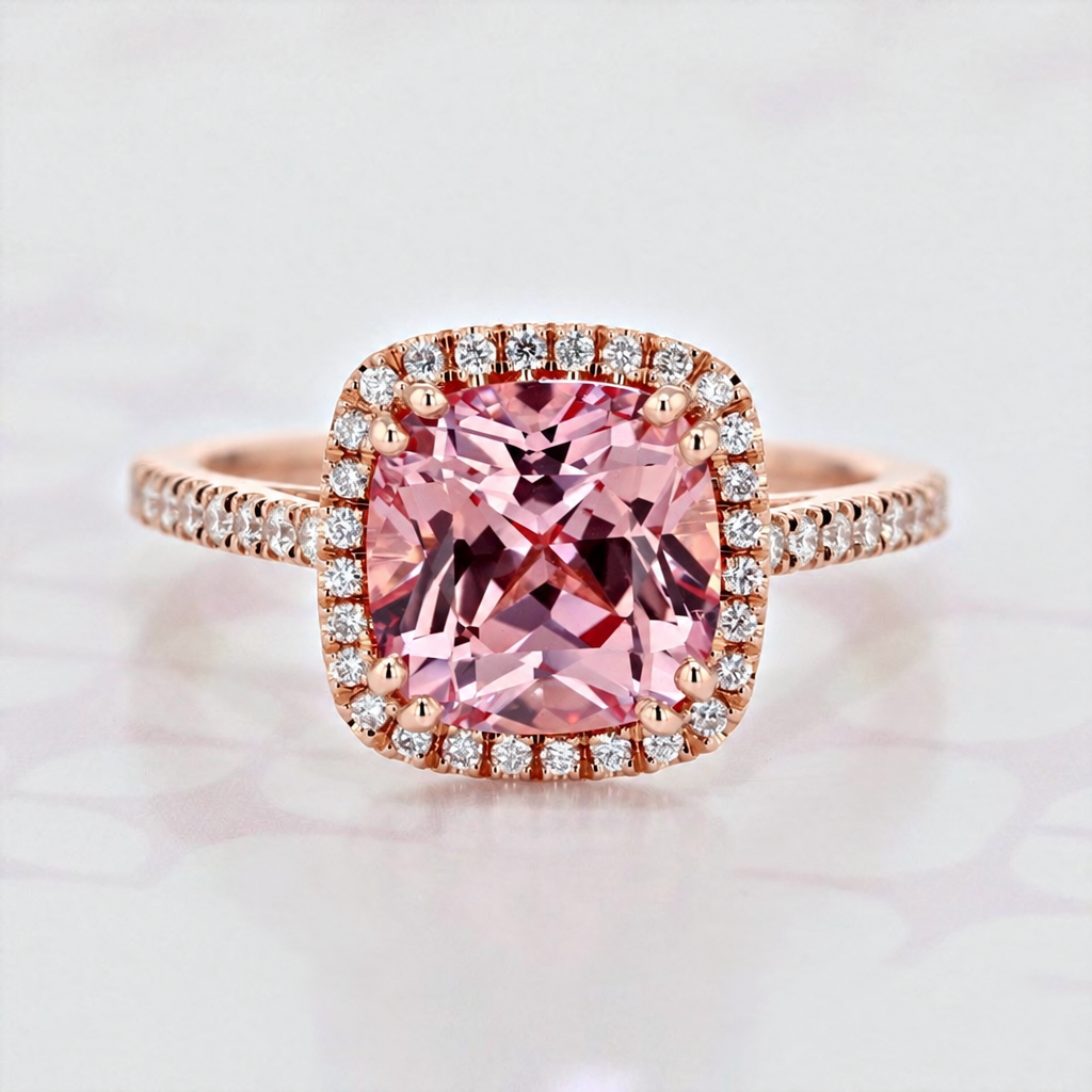 Champagne Sapphire Halo Engagement Ring | 2006291 featuring a cushion-cut pink gemstone with a diamond halo and pavé band in a rose gold setting.
