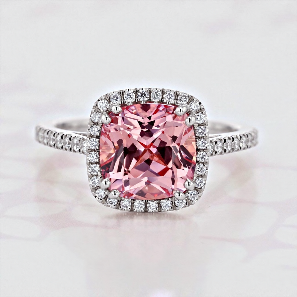 Champagne Sapphire Halo Engagement Ring | 2006291 featuring a cushion-cut pink sapphire with a diamond halo and pavé-set diamond band.