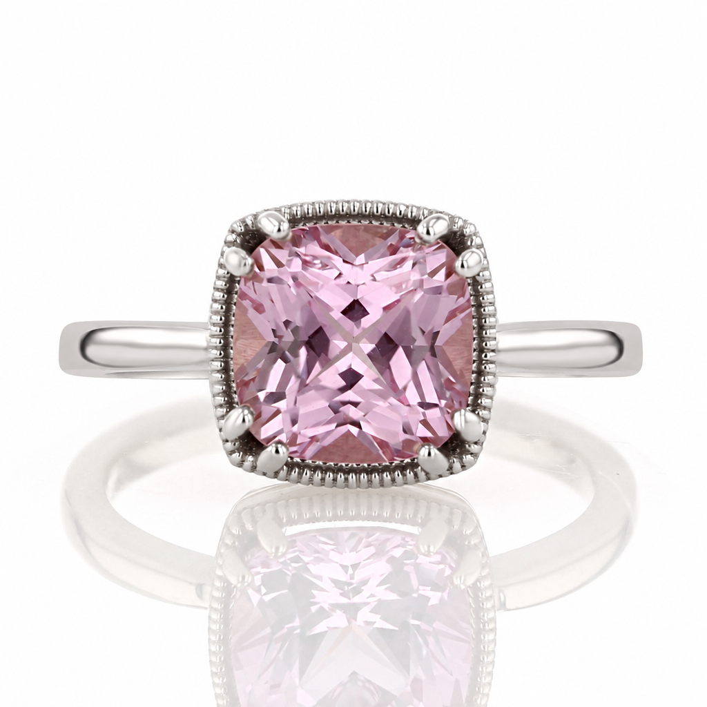 Makur Pink Champagne Sapphire Bezel Solitaire 2006707 featuring a cushion-cut pink champagne sapphire in a milgrain-edged bezel setting on a platinum band.