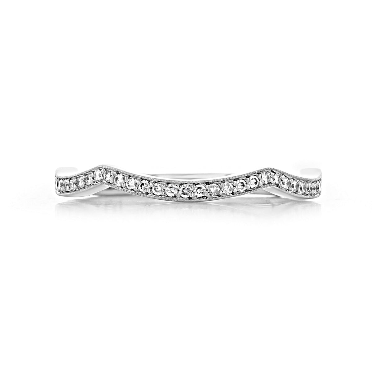 Ribbon | Diamond Band - 2565B-1 wavy platinum contoured wedding band set with a row of pavé-set round diamonds.