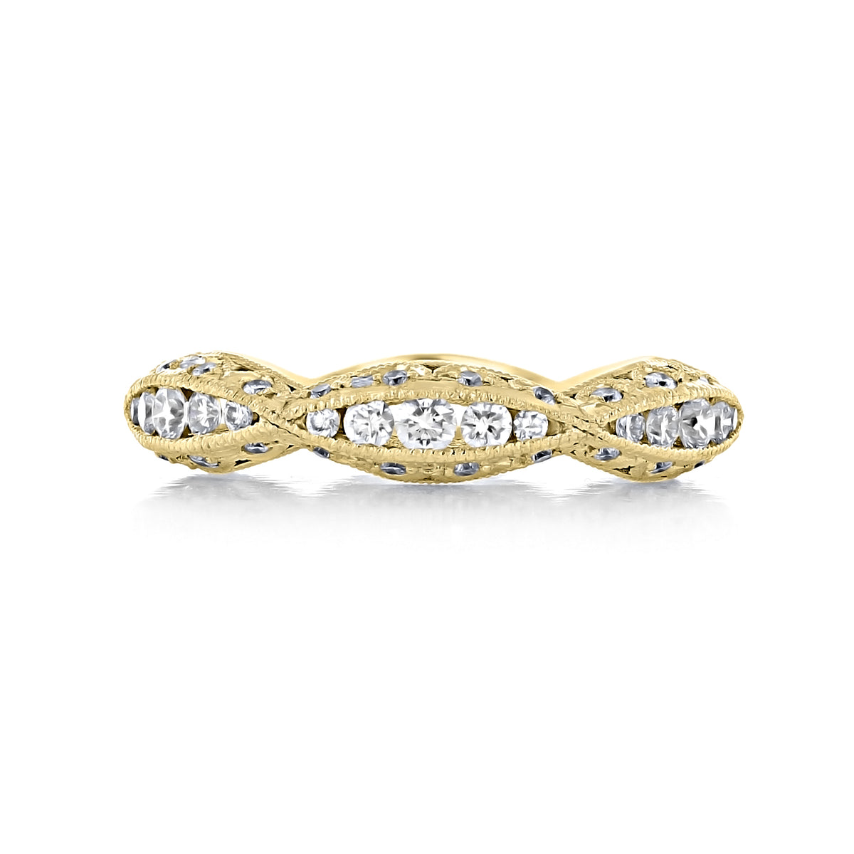 Yellow gold Classic Crescent | Diamond Band - 2578B5Y featuring a repeating ribbon-twist pattern of oval-shaped compartments, each set with small pavé-set diamonds.
