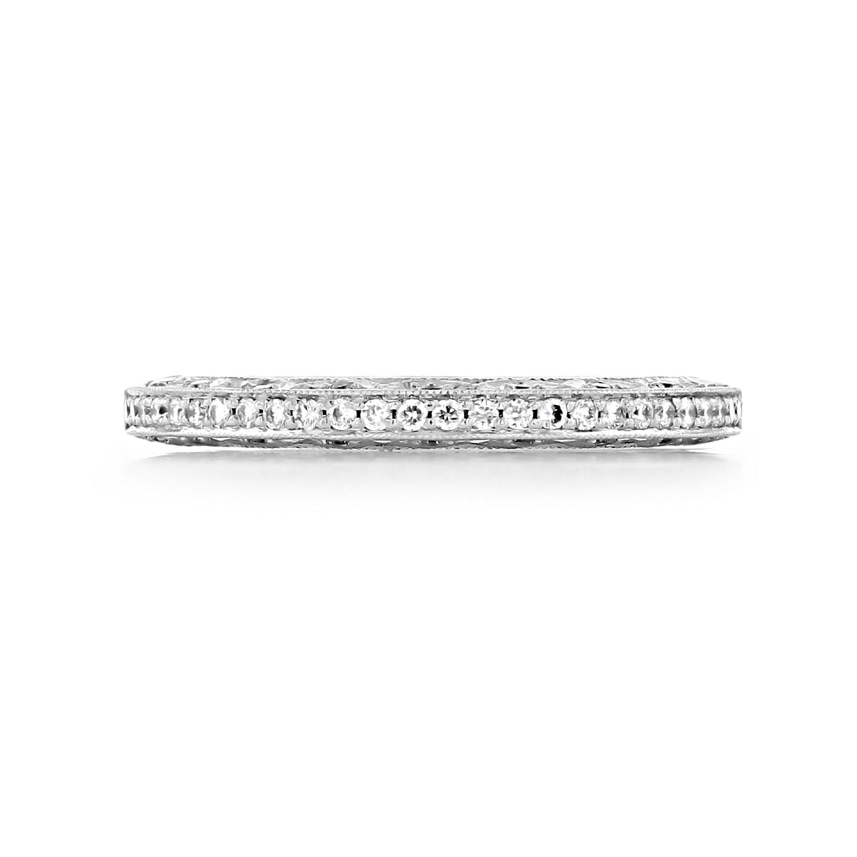A silver-toned Classic Crescent | Diamond Band - 2616B12XW eternity band set with a continuous row of round diamonds in a vintage fashion.