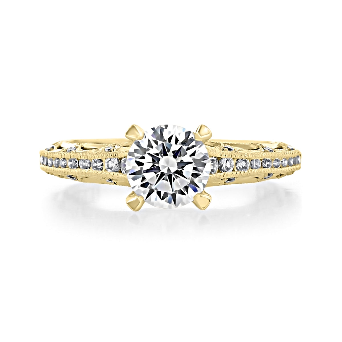 A Tacori Reverse Crescent | Round Solitaire Engagement Ring - 2617RD65Y featuring a round-cut diamond in gold, a channel of pavé-set diamonds on the band, and signature Reverse Crescent cutouts on the gallery for a vintage-inspired look.
