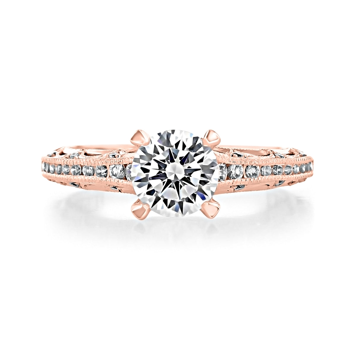 Tacori Reverse Crescent | Round Solitaire Engagement Ring - 2617RD65PK featuring a round solitaire diamond on a rose gold band with heirloom-quality pavé diamonds along the shank.