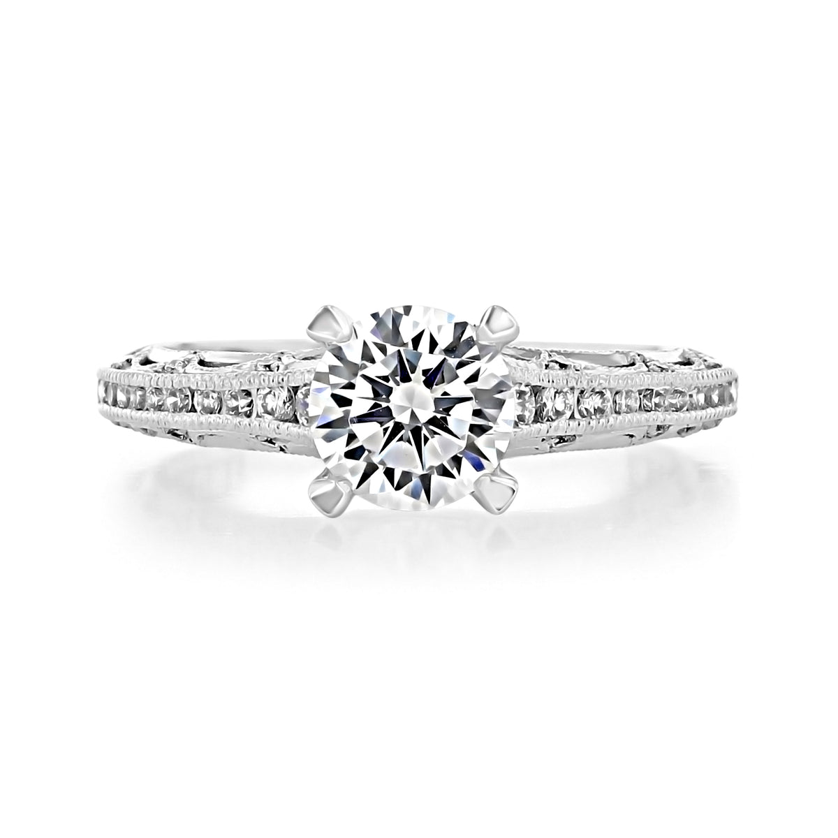Tacori Reverse Crescent | Round Solitaire Engagement Ring - 2617RD65W featuring a round-cut solitaire, pavé-set band, and vintage-inspired side detailing.