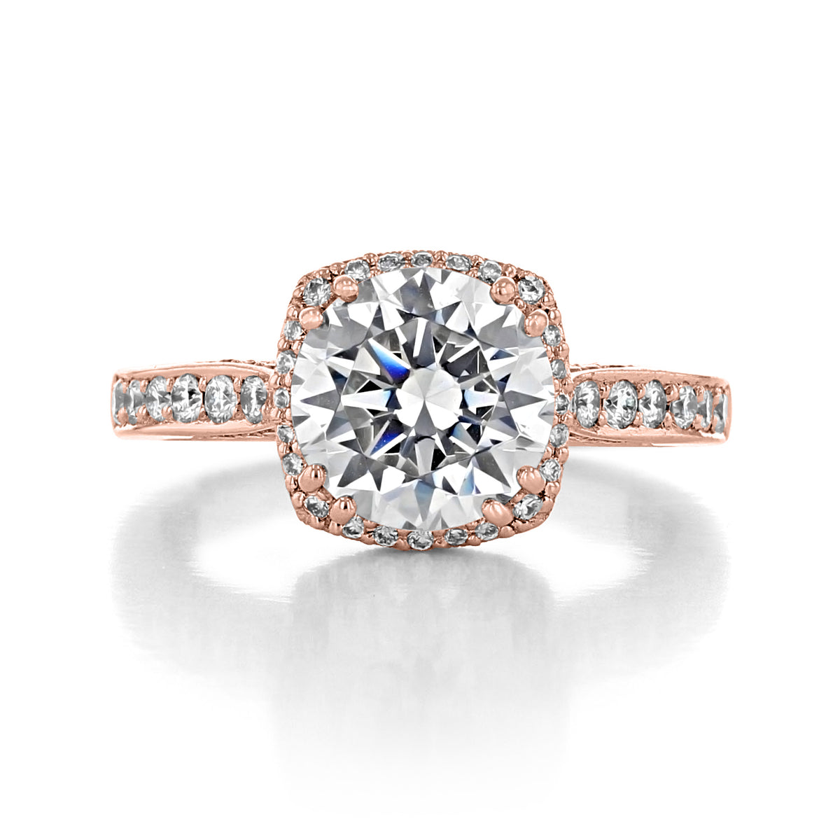 Dantela | Round Bloom Engagement Ring - 2620RDLGPPK by Tacori, a rose gold ring featuring a round center diamond, a cushion halo, and a diamond-accented band.