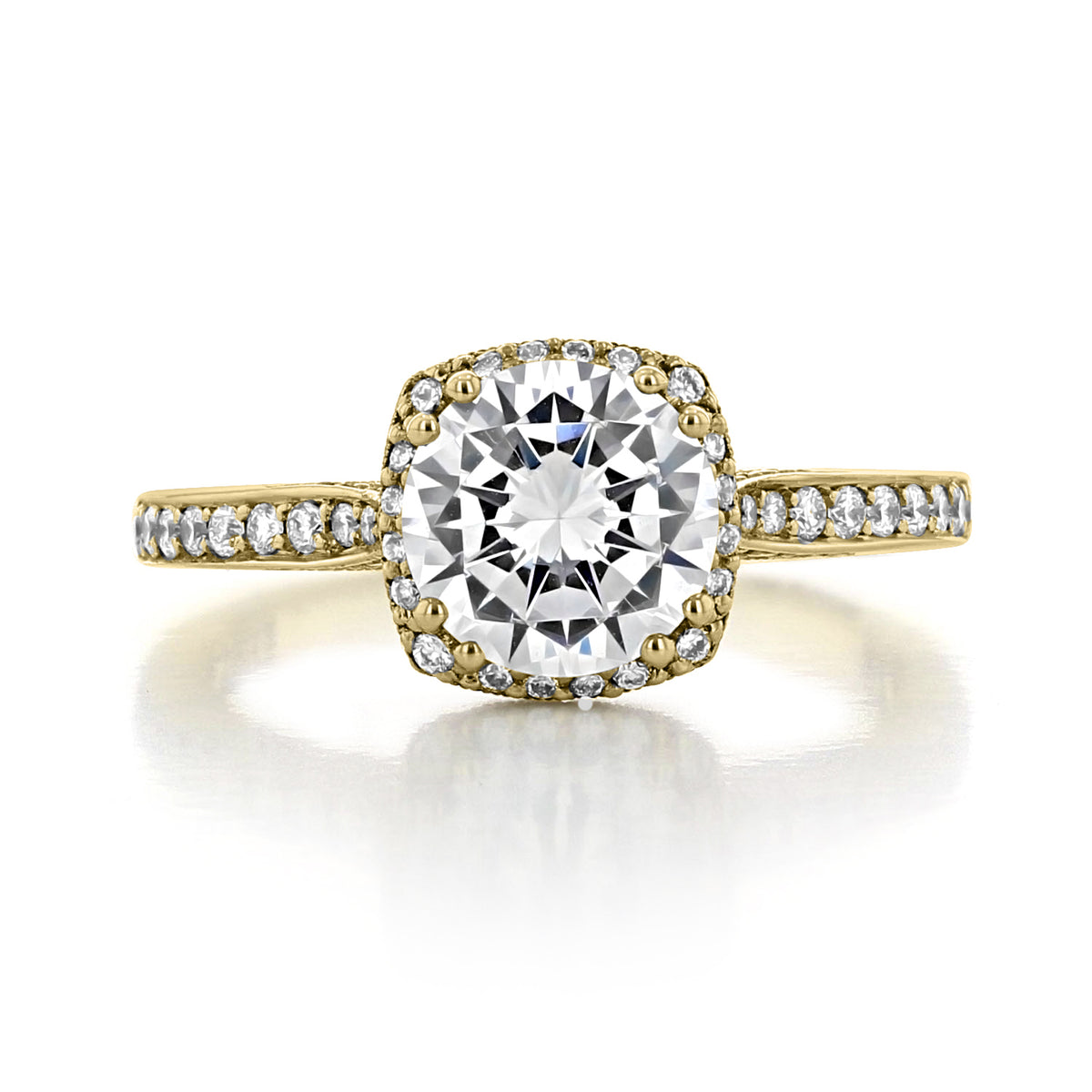 Dantela | Round Bloom Engagement Ring - 2620RDMDPY featuring a round-cut diamond in a yellow gold setting with a cushion-shaped halo and pavé-set diamonds along the band.