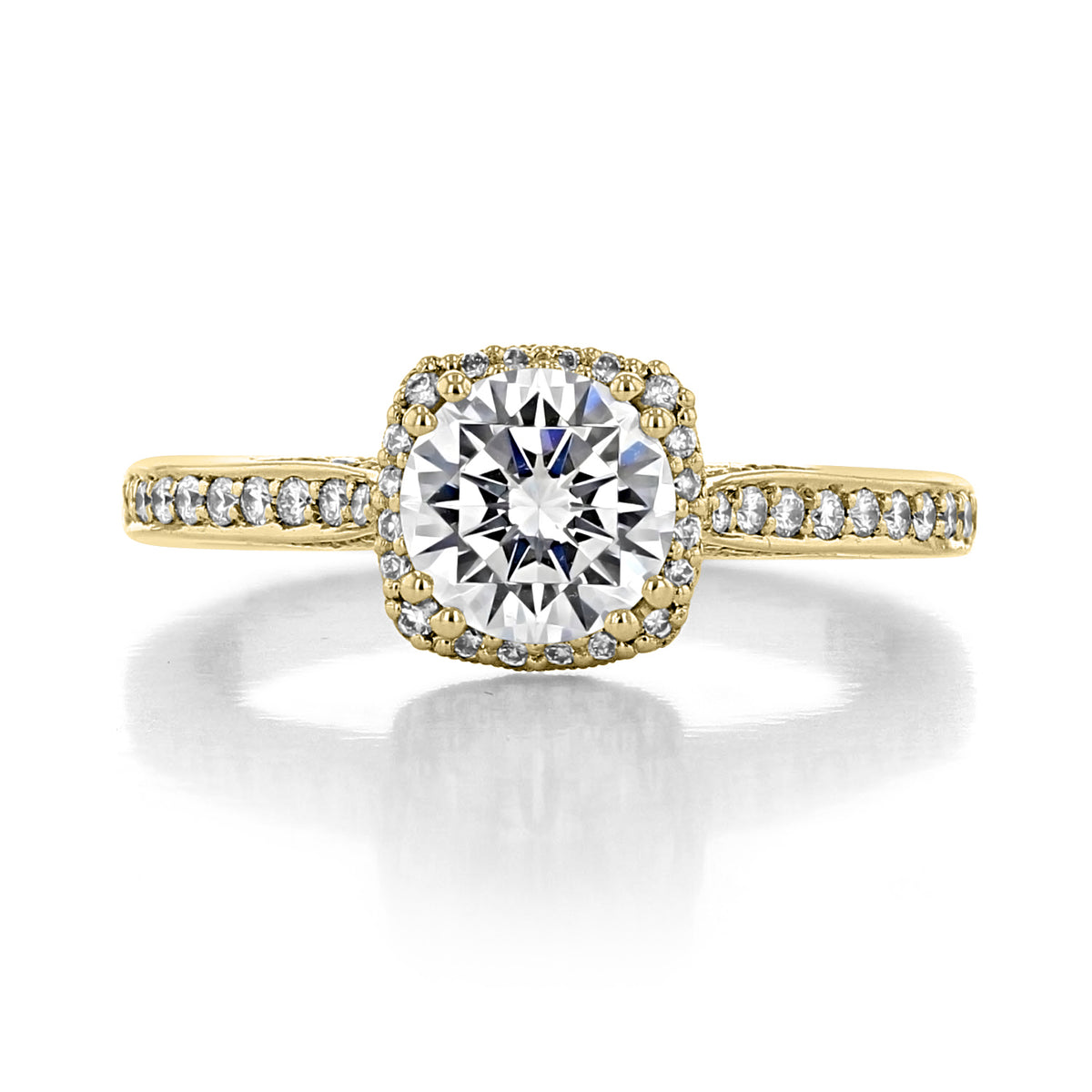 Yellow gold Tacori Dantela | Round Bloom Engagement Ring - 2620RDSMPY with a round center stone surrounded by a diamond halo and pavé-set diamonds along the band.