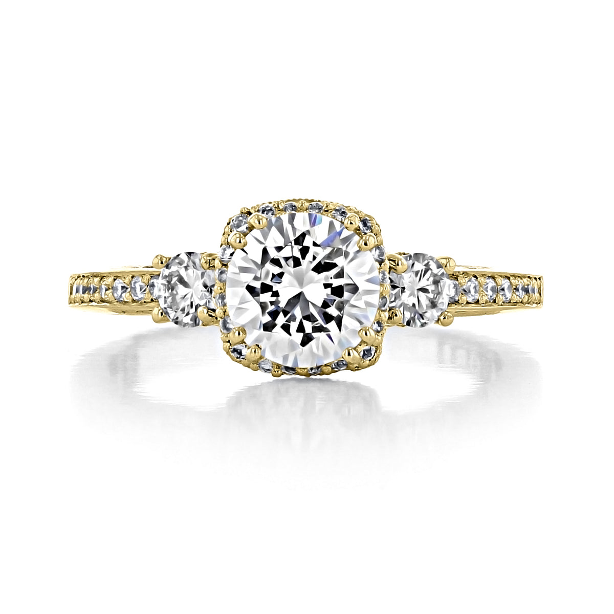Gold Tacori Dantela | Round Bloom Engagement Ring 2623RDSMPY featuring a round-cut center stone in a halo, flanked by two smaller round side stones and a pavé-set diamond band.