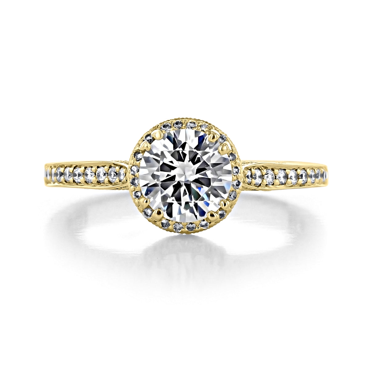 Yellow gold Dantela | Round Pavé Engagement Ring - 2639RDP65Y featuring a round-cut stone with a pavé halo and pavé-set diamonds along the band.