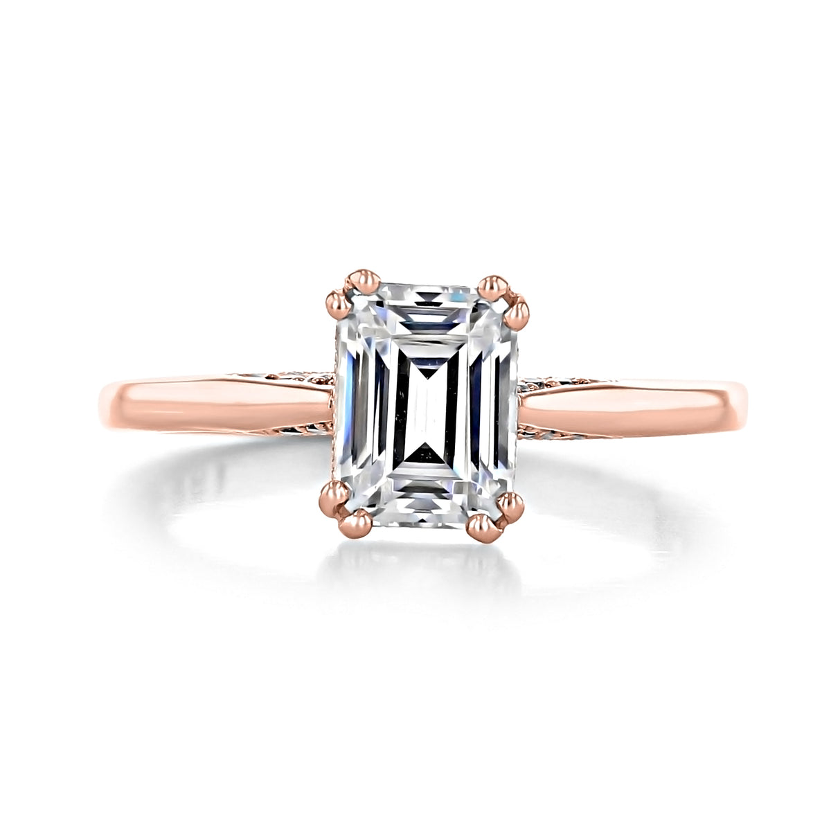 Simply Tacori Emerald Solitaire Engagement Ring - 2650EC75X55PK featuring an emerald-cut diamond set on a rose gold band.