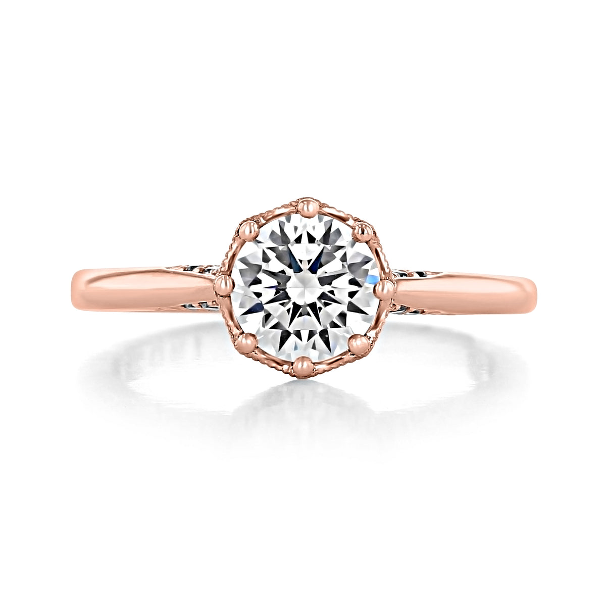Simply Tacori | Round Solitaire Engagement Ring - 2652RD65PK in rose gold featuring a round center stone set in a scalloped, beaded cathedral setting.