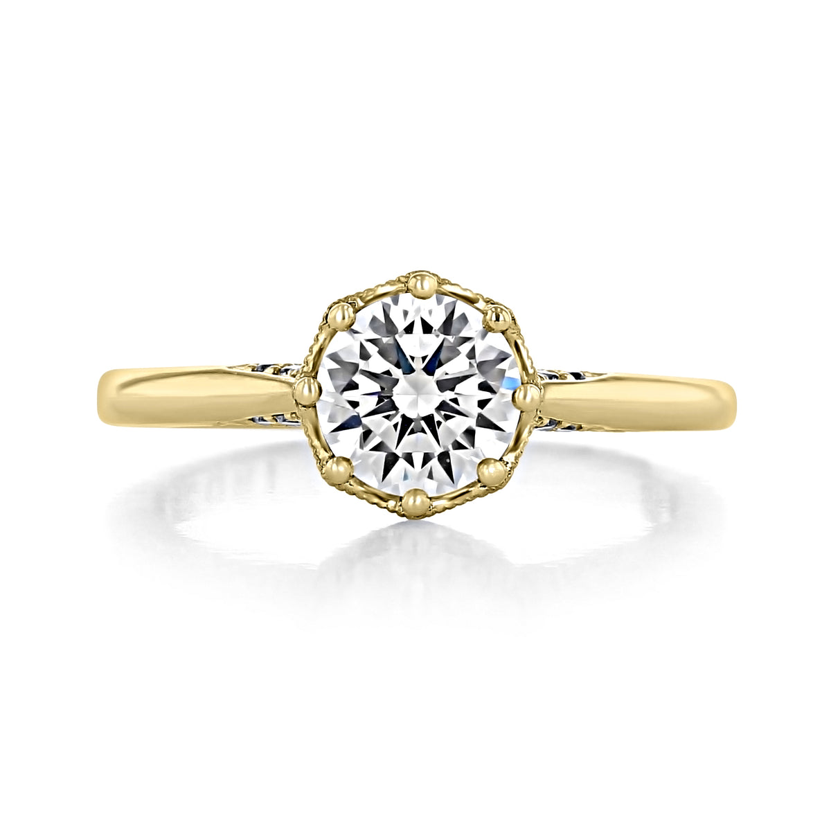Simply Tacori | Round Solitaire Engagement Ring - 2652RD65Y in yellow gold, featuring a round brilliant-cut center diamond in a scalloped, beaded cathedral setting.