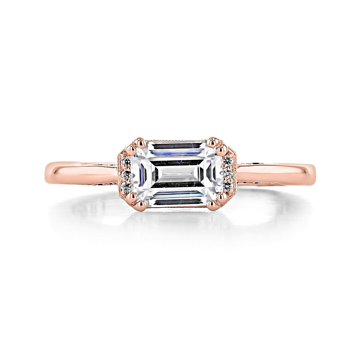 Simply Tacori Emerald Semi-Bloom Engagement Ring 2654EC7X5PK featuring an emerald-cut center stone, rose gold band, and diamond halo setting.