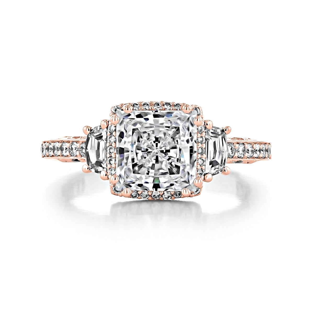 Tacori Dantela | Princess 3-Stone Engagement Ring - 2663PR7PK featuring a large square princess-cut center diamond flanked by two smaller trapezoid diamonds, set in rose gold with pavé-set diamonds on the band.