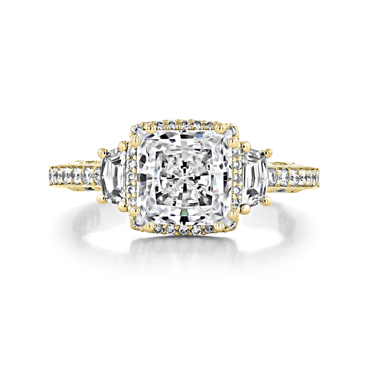 Tacori Dantela | Princess 3-Stone Engagement Ring - 2663PR7Y in yellow gold, featuring a princess-cut center diamond flanked by two baguette diamonds, all surrounded by a pavé set diamond halo and band.