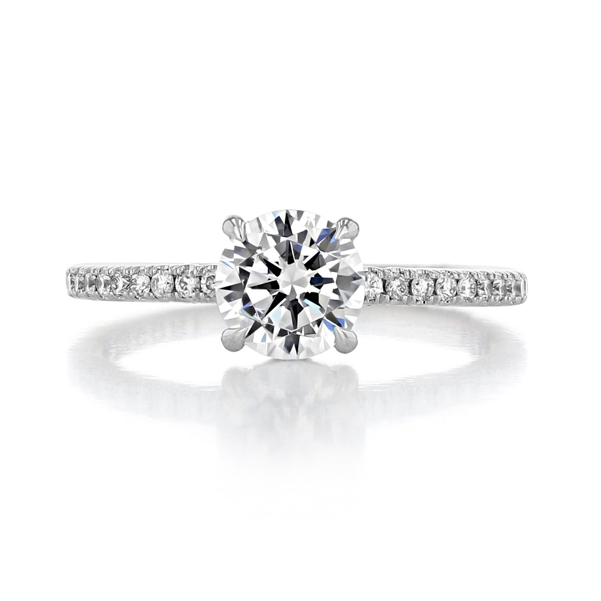Simply Tacori | Round Solitaire Engagement Ring - 267015RD65W featuring a round solitaire diamond with a pavé-set diamond band in a white metal setting.